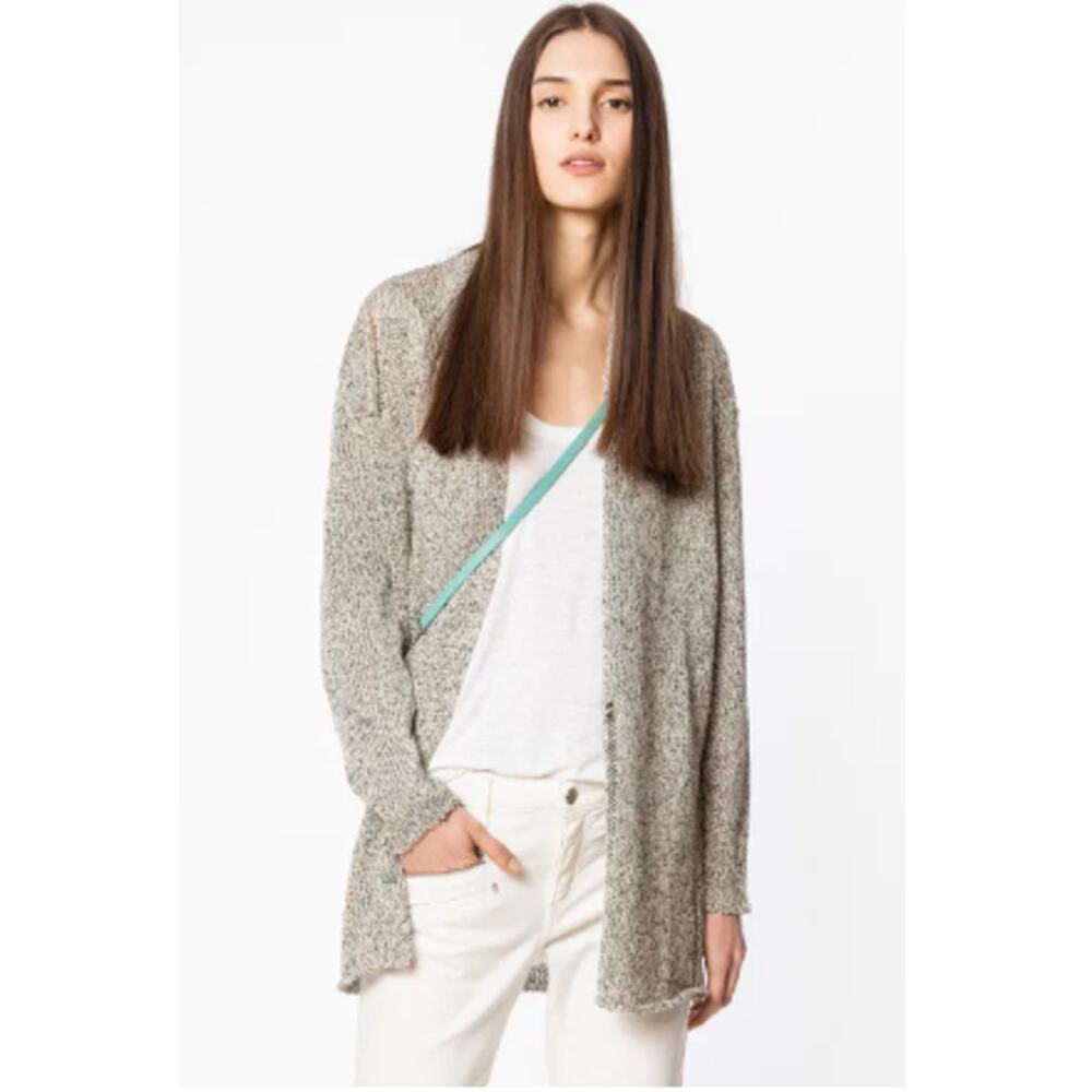 Zadig & Voltaire Landon Li Cardigan Sweater Linen Distressed Knit Black Cream M‎